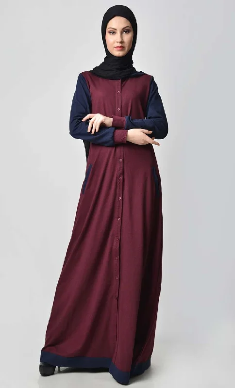 Comfy Hooded Front Open Jersey Abaya - Maroon