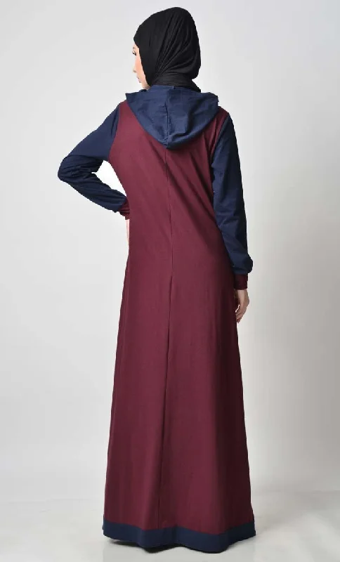 Comfy Hooded Front Open Jersey Abaya - Maroon