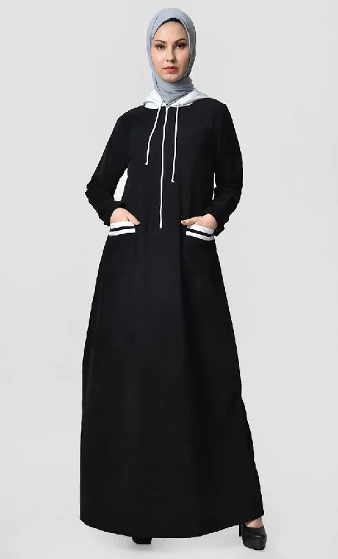 Contrast Stripe & Hood Detail Abaya Dress - Black