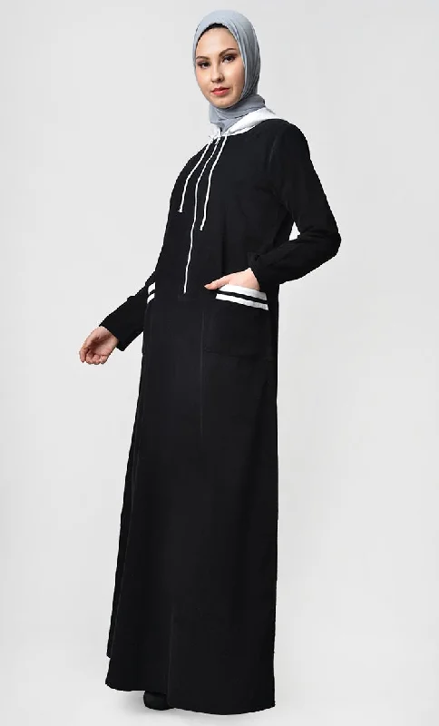 Contrast Stripe & Hood Detail Abaya Dress - Black