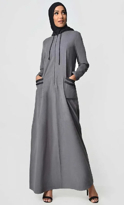 Contrast Stripe & Hood Detail Abaya Dress - Grey