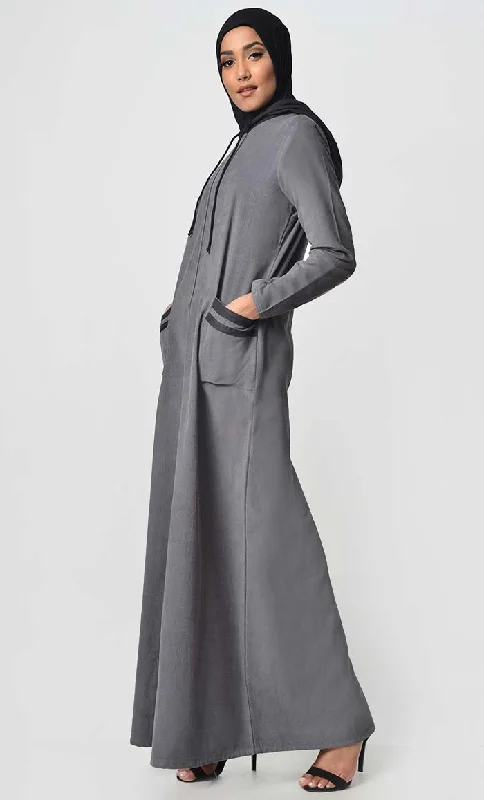 Contrast Stripe & Hood Detail Abaya Dress - Grey