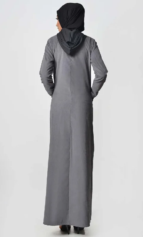 Contrast Stripe & Hood Detail Abaya Dress - Grey