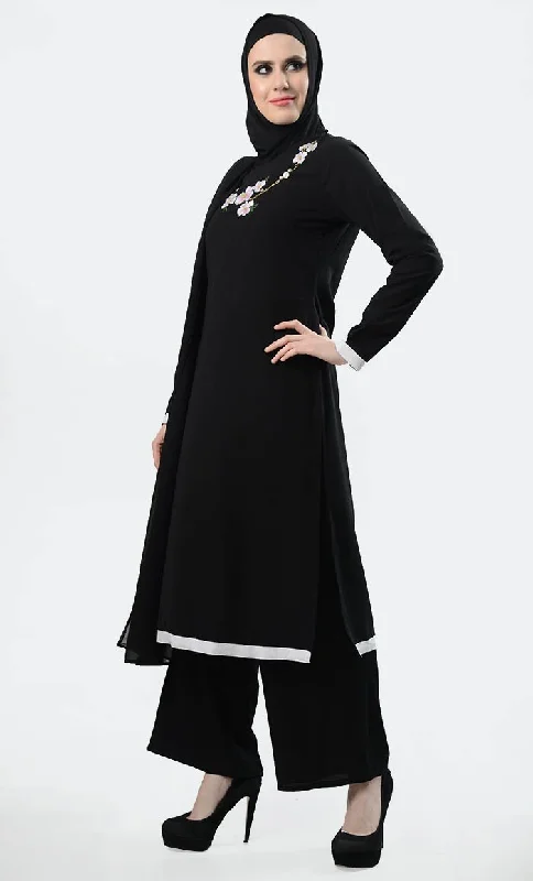 Embroidred Floral 3Pc Suit Set - Black