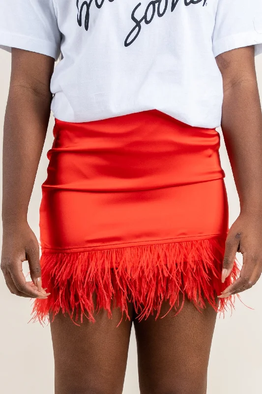 Feather trim skirt red