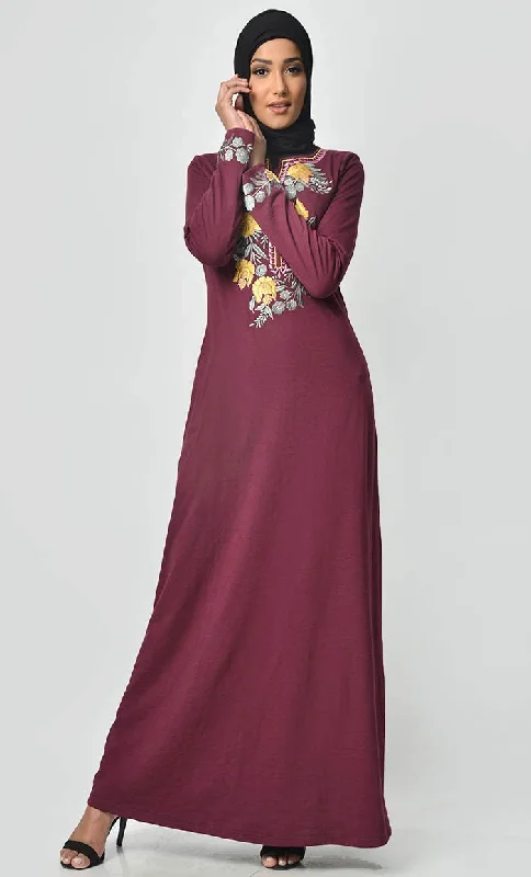 Floral Knitted Jersey Embroidered Abaya - Maroon