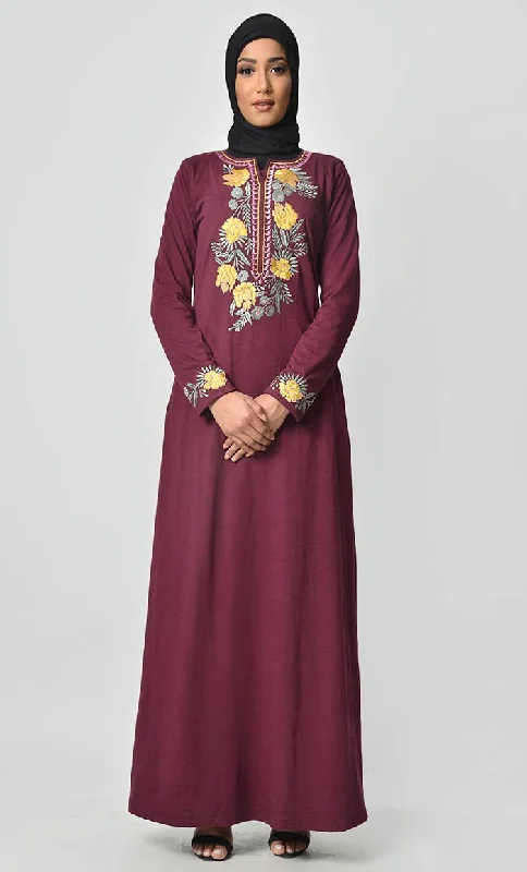 Floral Knitted Jersey Embroidered Abaya - Maroon