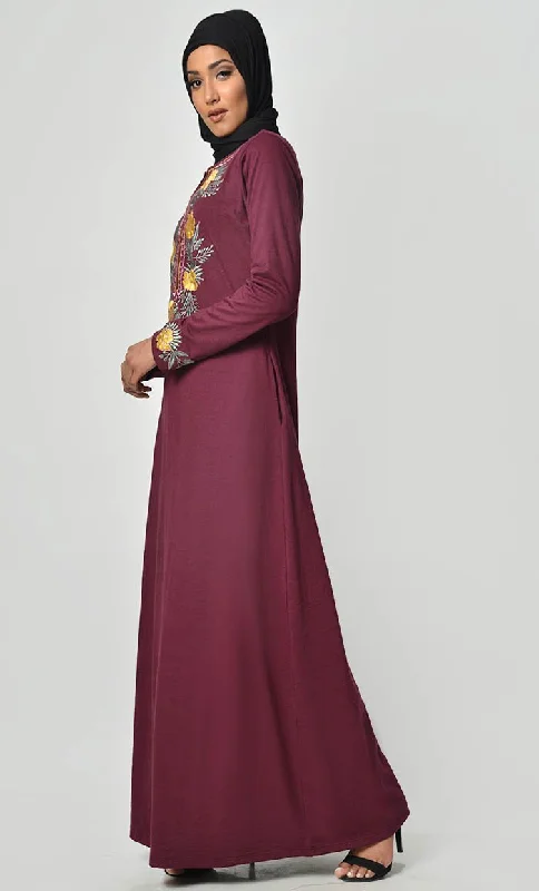 Floral Knitted Jersey Embroidered Abaya - Maroon