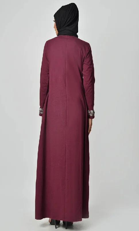 Floral Knitted Jersey Embroidered Abaya - Maroon