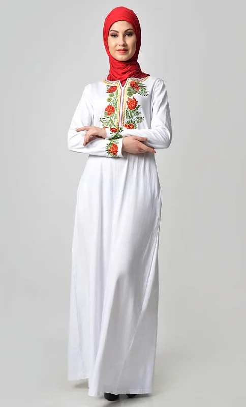 Floral Knitted Jersey Embroidered Abaya - White