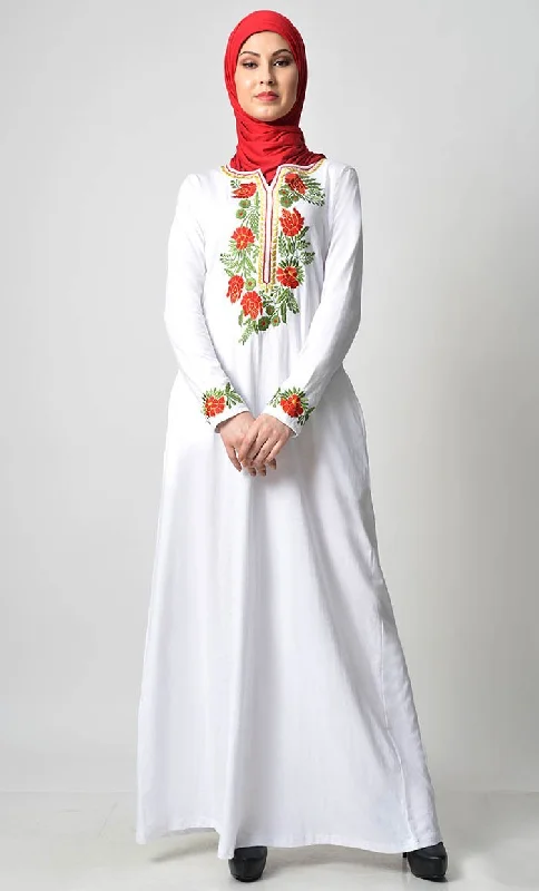 Floral Knitted Jersey Embroidered Abaya - White