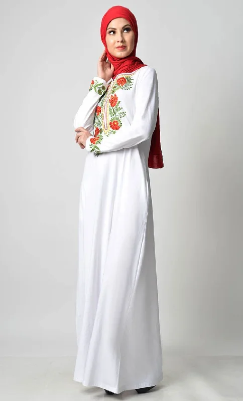 Floral Knitted Jersey Embroidered Abaya - White