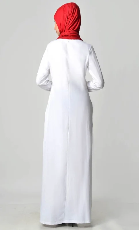 Floral Knitted Jersey Embroidered Abaya - White