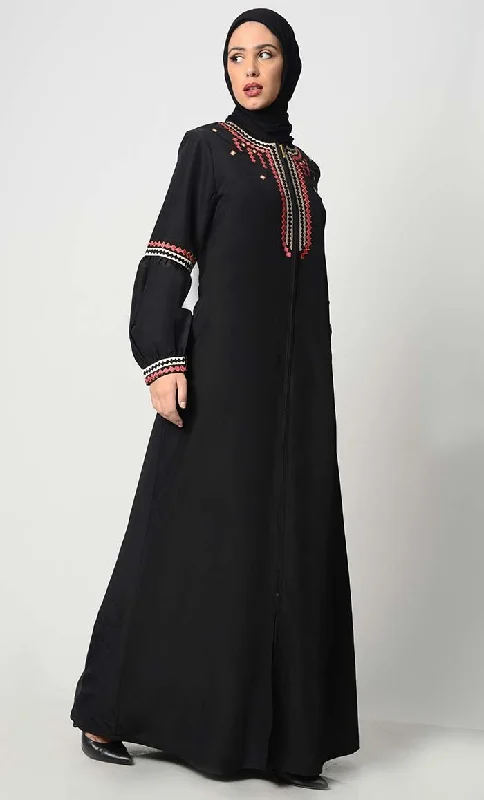 Geometric Embroidered Abaya-Black