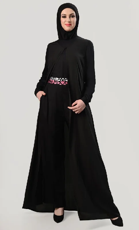 Geometric Embroidered Jumpsuit With Shrug - Black