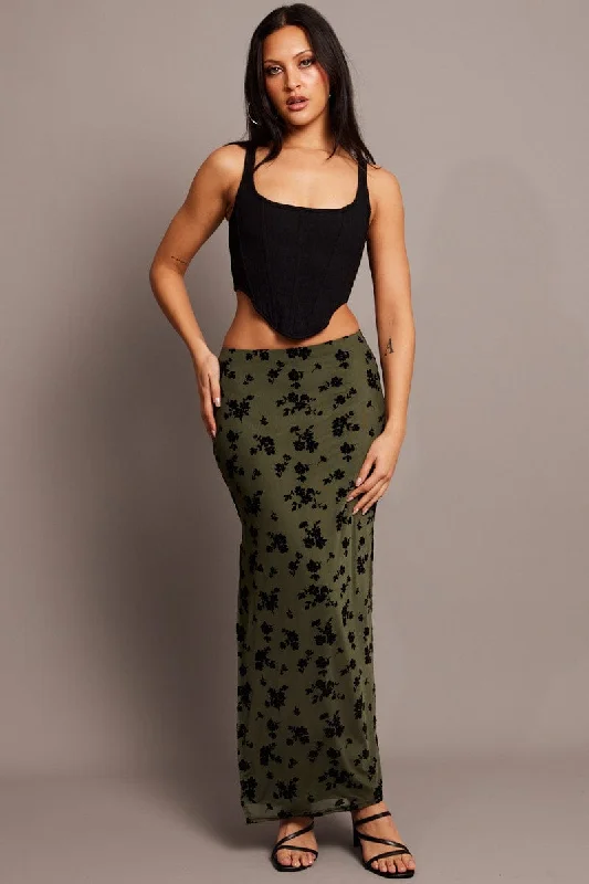 Green Floral Maxi Skirt Side Split