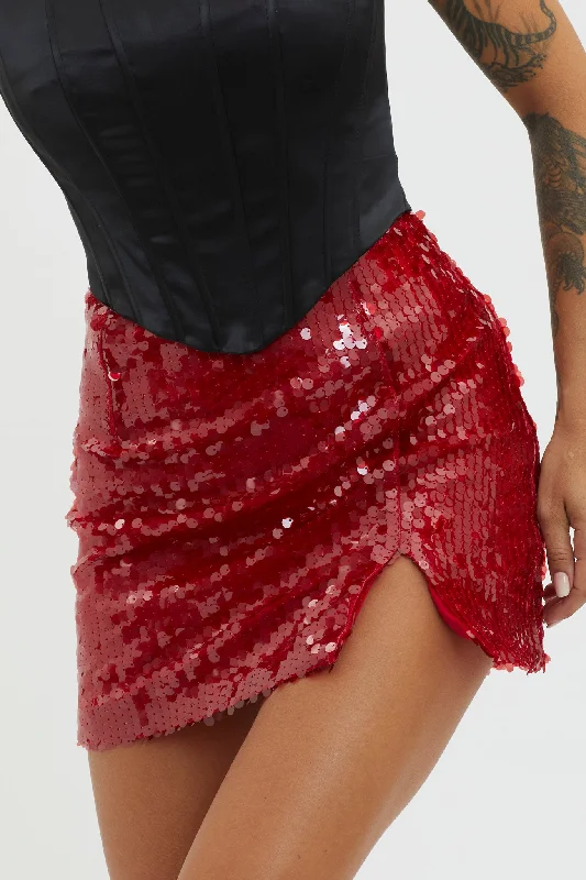 Intentions Sequin Mini Skirt Red