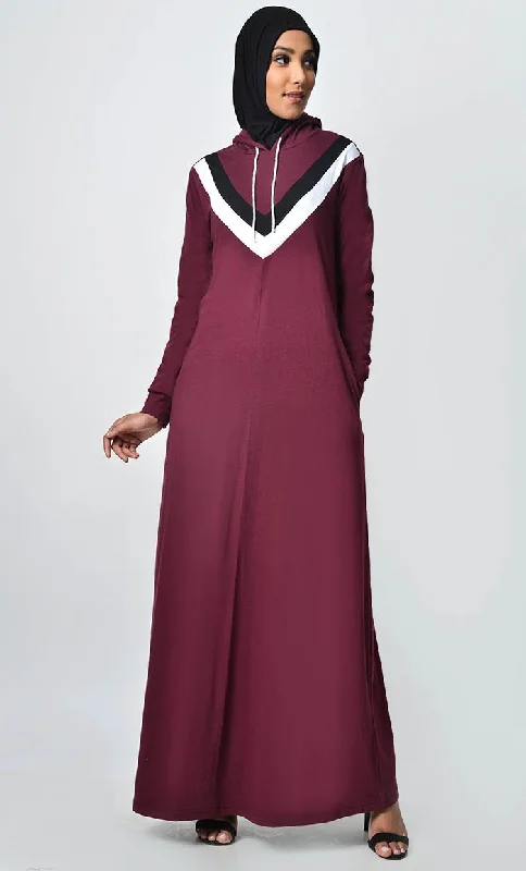 Inverted Color Contast Jersey Abaya-Wine