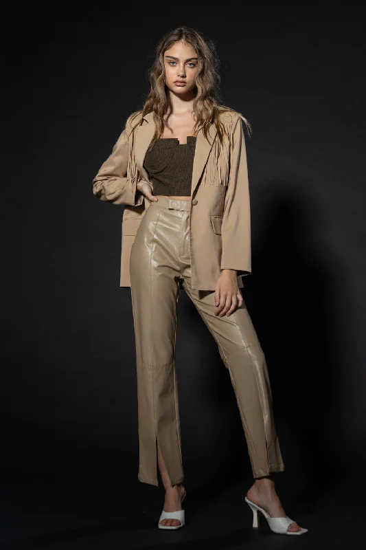 Ivy Slit Leather Pants - Beige