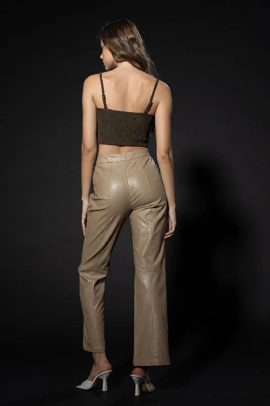 Ivy Slit Leather Pants - Beige