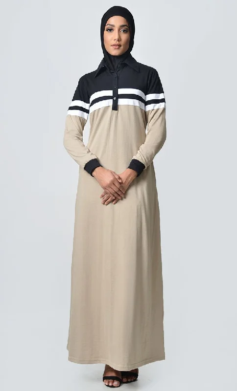 Jersey Stripe Sportswear Abaya-Black+ Sand