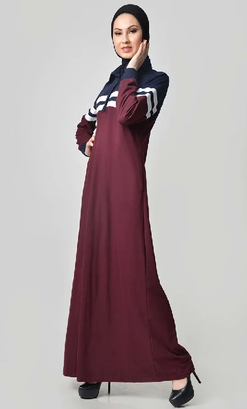 Jersey Stripe Sportswear Abaya-Navy + Maroon