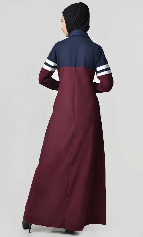 Jersey Stripe Sportswear Abaya-Navy + Maroon