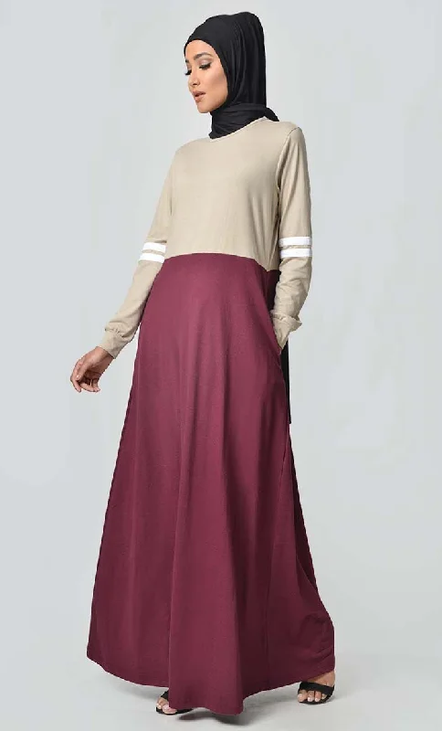 Jersey Stripe Sportswear Abaya - Sand + Maroon