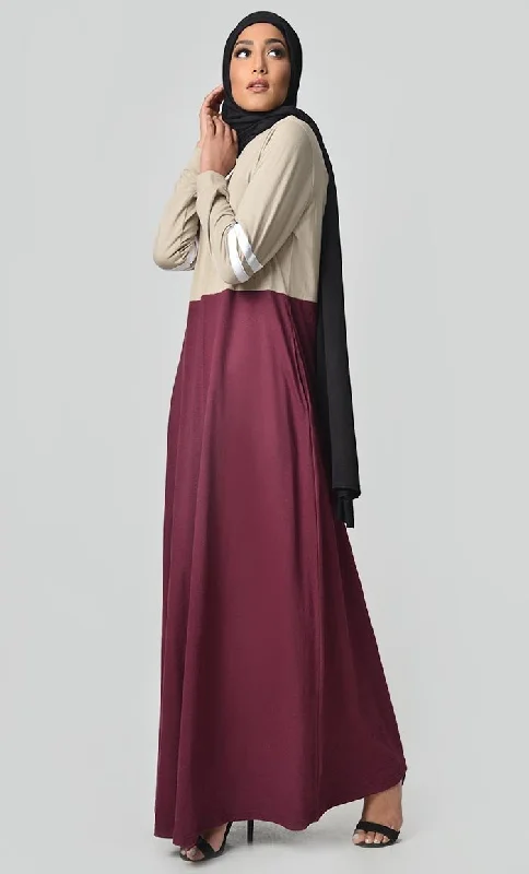 Jersey Stripe Sportswear Abaya - Sand + Maroon