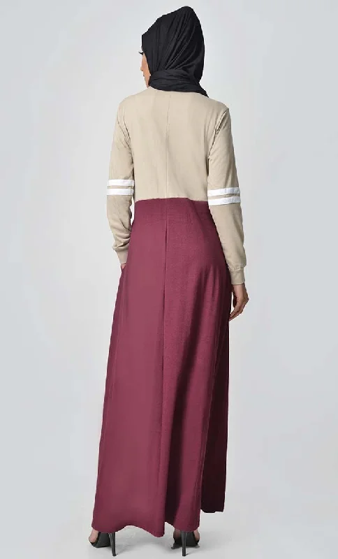 Jersey Stripe Sportswear Abaya - Sand + Maroon