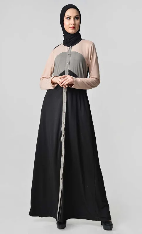 Jersey Tri Color Winter Abaya - Cream + Grey + Black