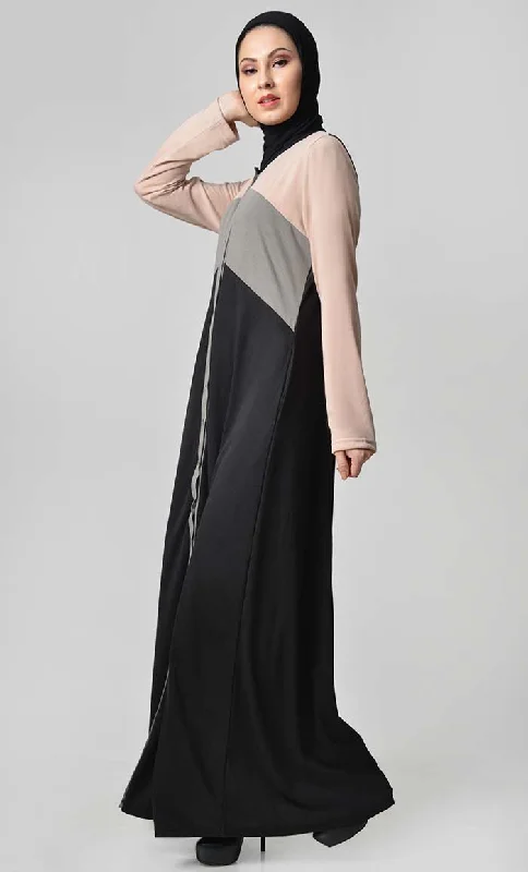 Jersey Tri Color Winter Abaya - Cream + Grey + Black