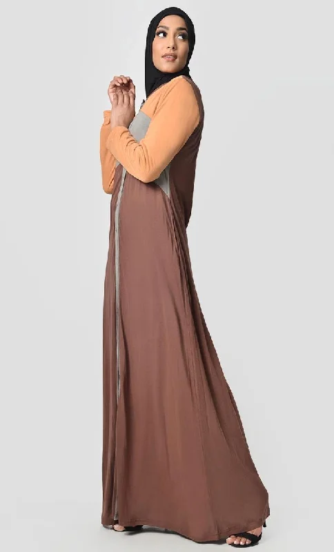 Jersey Tri Color Winter Abaya - Orange + Grey + Brown