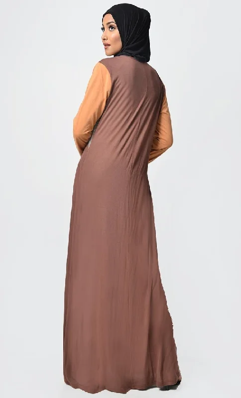 Jersey Tri Color Winter Abaya - Orange + Grey + Brown