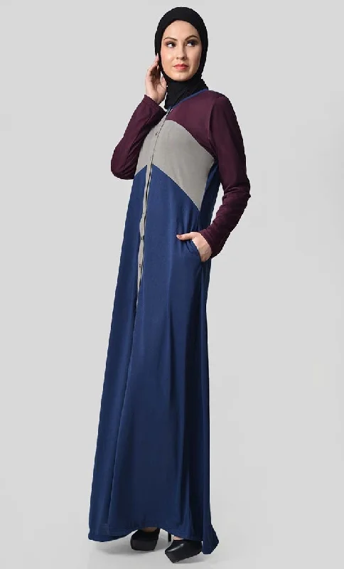 Jersey Tri Color Winter Abaya - Wine + Grey + Navy