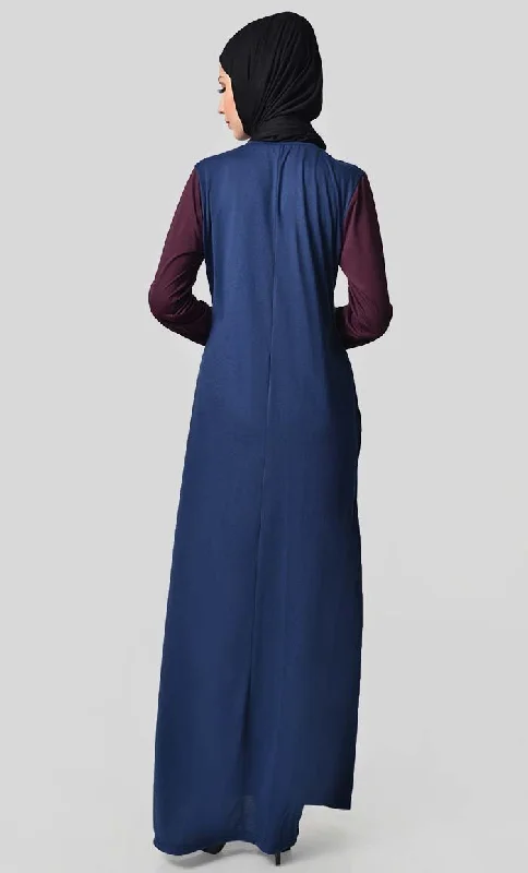 Jersey Tri Color Winter Abaya - Wine + Grey + Navy