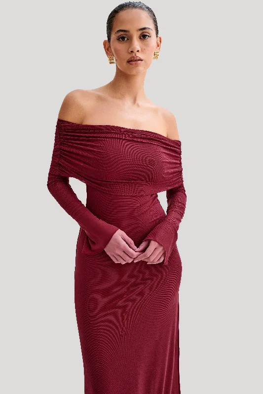 Josie Off Shoulder Mesh Maxi Dress - Wine