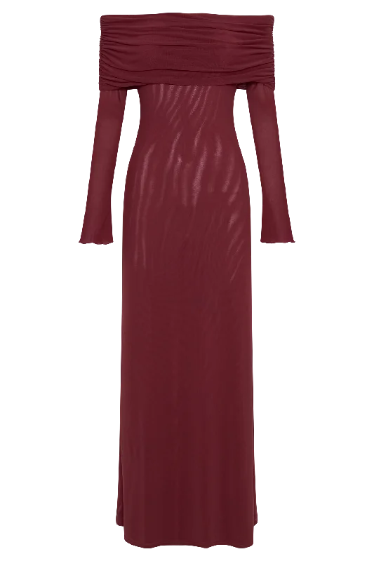 Josie Off Shoulder Mesh Maxi Dress - Wine