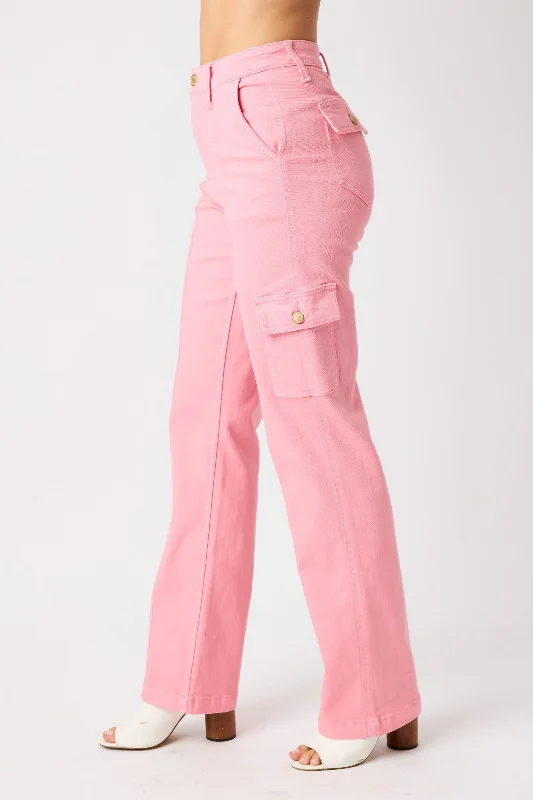 Judy Blue Lyla High Waist Garment Dyed Cargo Straight - Pink