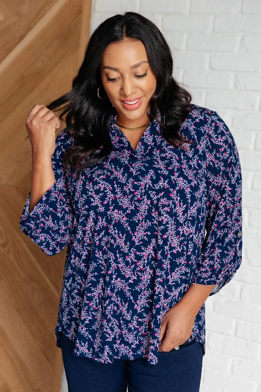 Elizabeth Top in Navy and Magenta Petite Floral