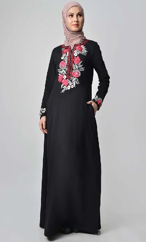 Knitted Jersey Embroidered Abaya - Black