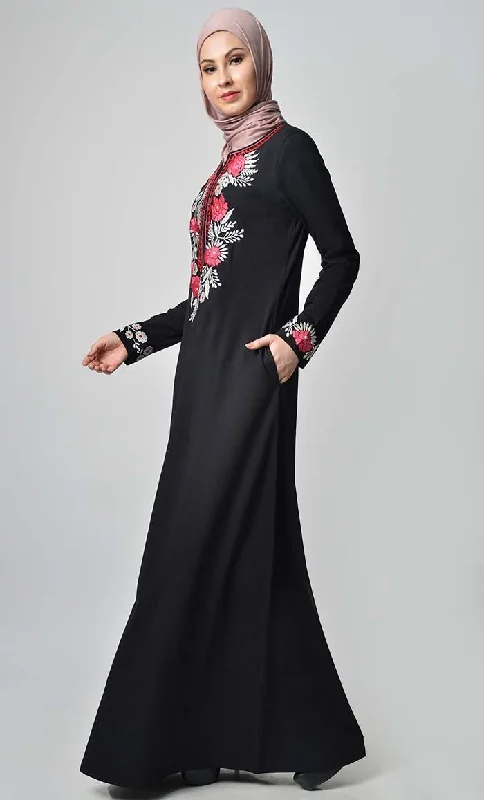 Knitted Jersey Embroidered Abaya - Black