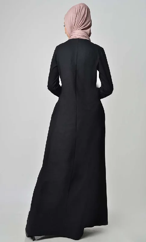 Knitted Jersey Embroidered Abaya - Black