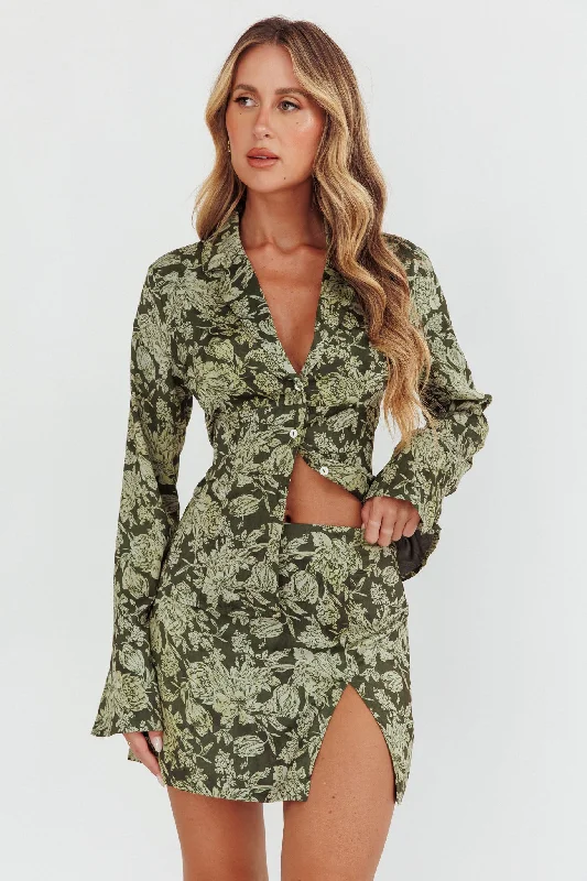 Palmas Split Mini Skirt Floral Olive