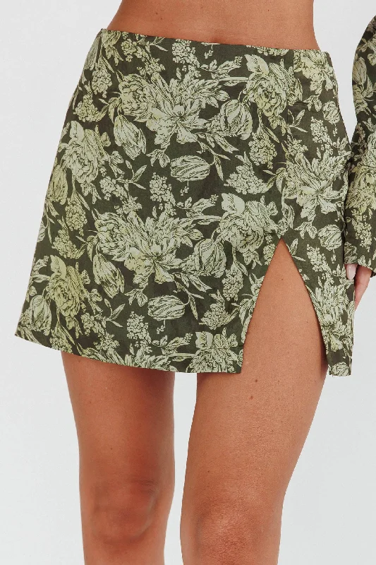 Palmas Split Mini Skirt Floral Olive