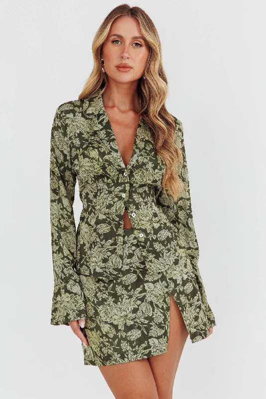 Palmas Split Mini Skirt Floral Olive