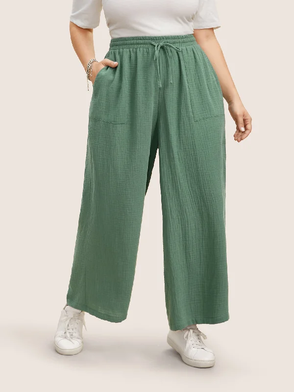 Plain Textured Drawstring Wide Leg Pants