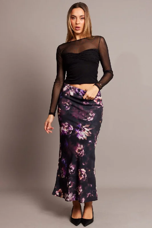 Purple Floral Slip Skirt Maxi