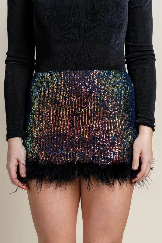 Sequin fur trim mini skirt black multi