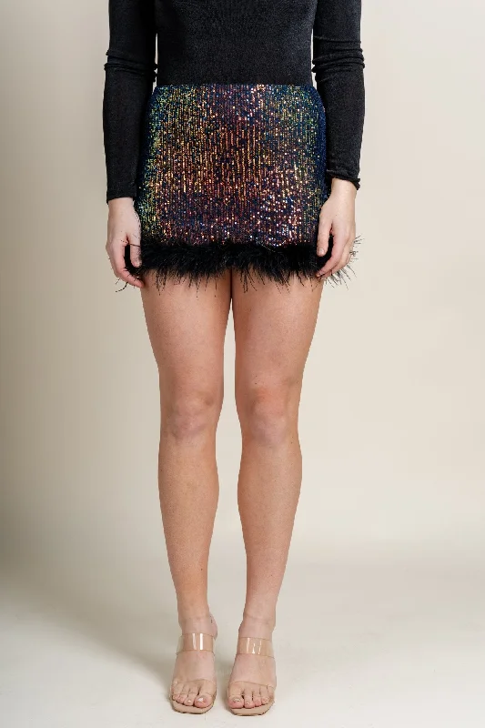 Sequin fur trim mini skirt black multi